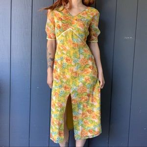 Topshop gold floral grunge dress with lace up back Sz 6